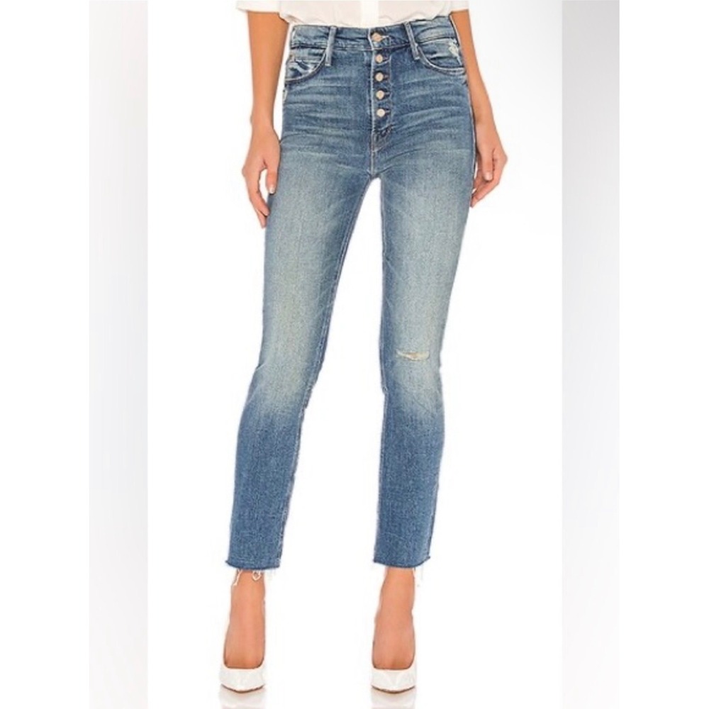 MOTHER The Pixie Dazzler Ankle Fray Jeans Popism Button Fly Size 28